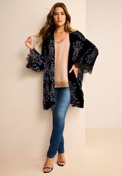 Plus Size Velour Embroidered Kimono