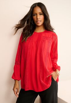 Lace-Trim Blouson-Sleeve Top