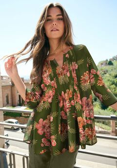 Plus Size Tara Pleated Shirt – Adjustable 3/4 Sleeve Swing Tunic with Notch Collar