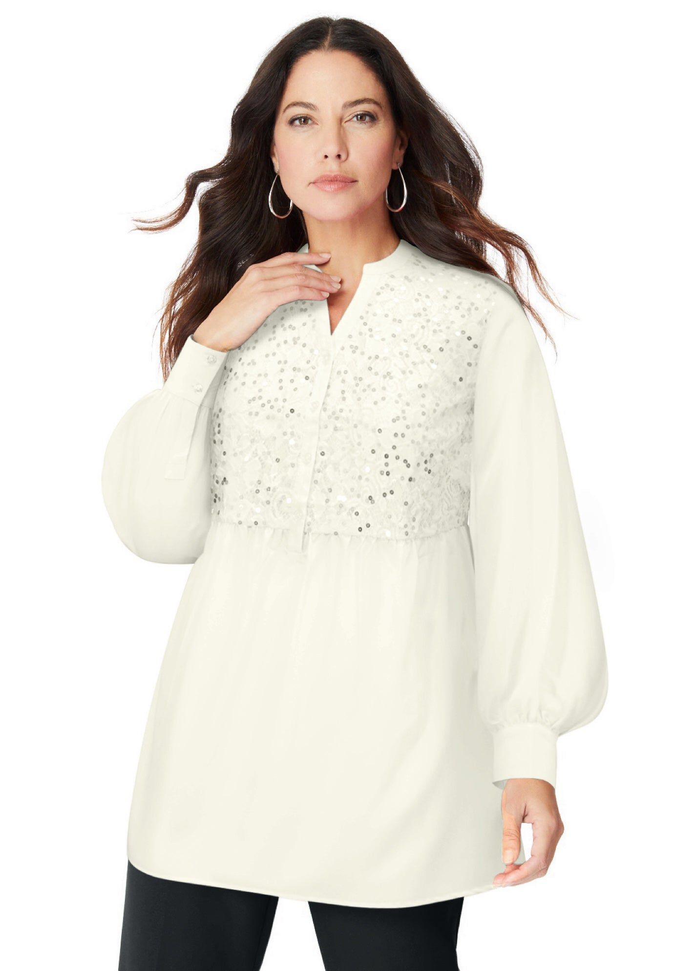 Sequined Lace-Paneled Top, IVORY, hi-res image number 0