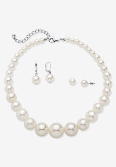 Simulated Pearl Silvertone Necklace And 2-Pair Earrings Set