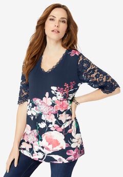 V Neck Lace Print Ultra Drape Tee