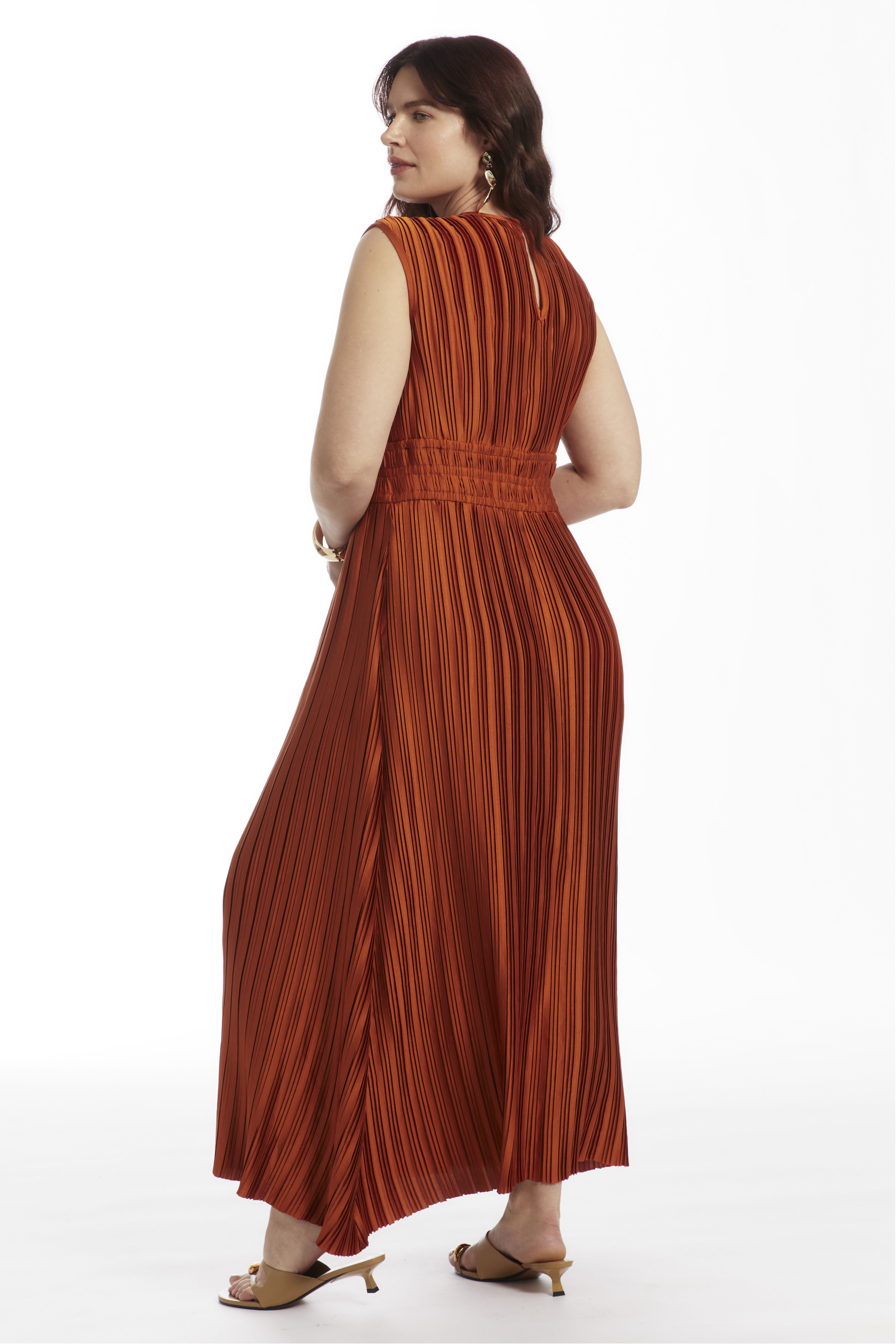 Boatneck Plisse Cap-Sleeve Maxi Dress, UMBER, alternate image number 2