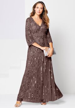 Plus Size Beaded V-Neck 3/4 Sleeve Sleeve Maxi Gown