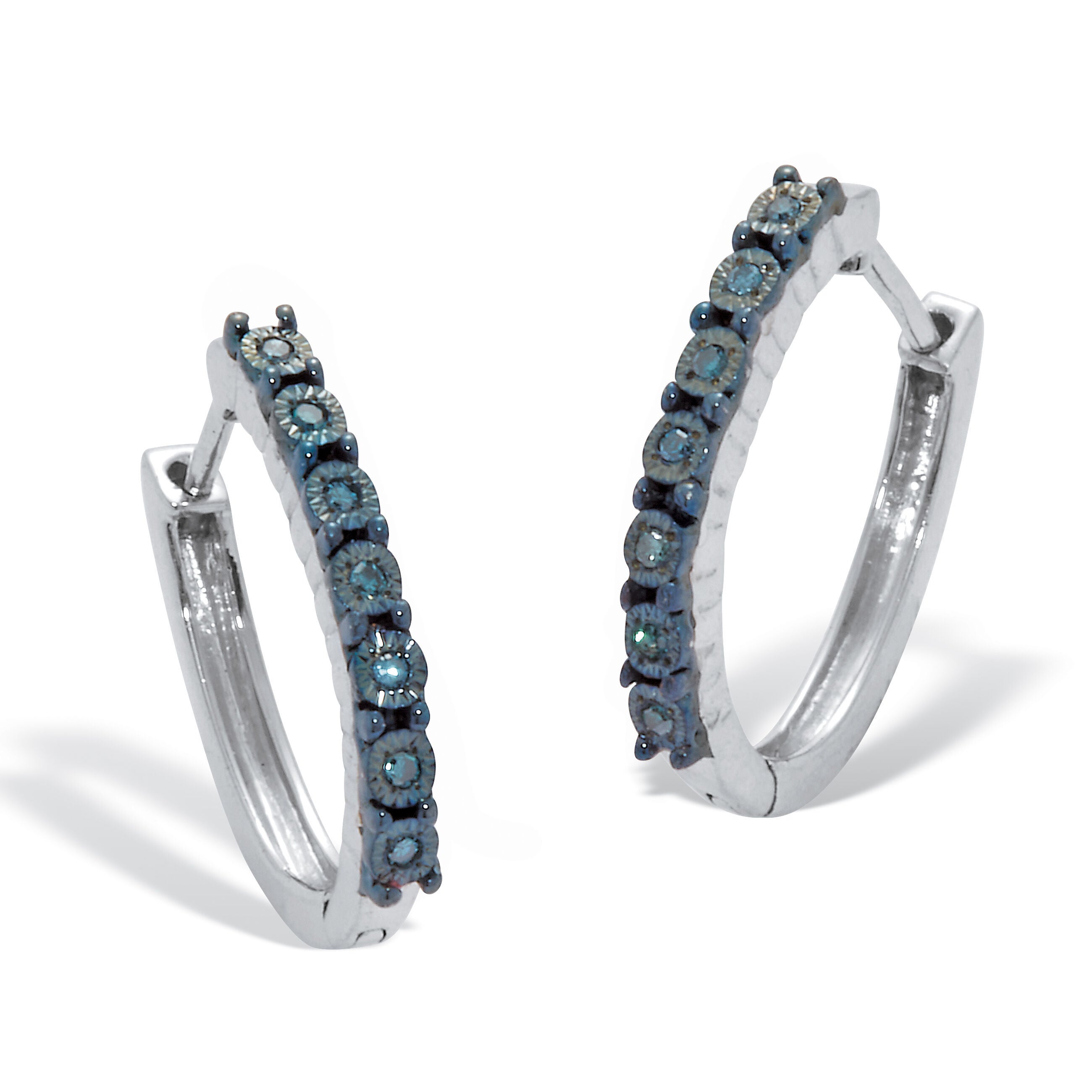 .05 TCW Blue Diamond Sterling Silver Hoop Earrings (1/2 inch), BLUE, hi-res image number 0
