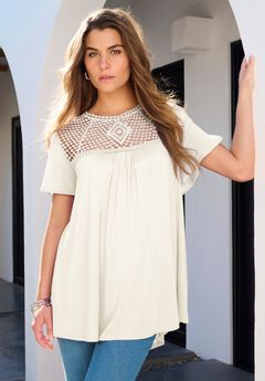 Plus Size Lace Yoke Pleated Tunic