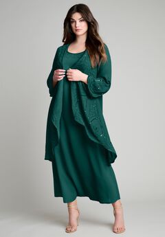 Plus-Size 2 piece Long Sleeve Beaded Georgette Gown Set with Detachable Jacket