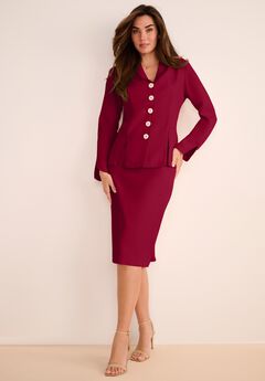 Plus Size Long Sleeve Shawl-Collar Jacket & Sheath Skirt Set – 2-Piece Suit