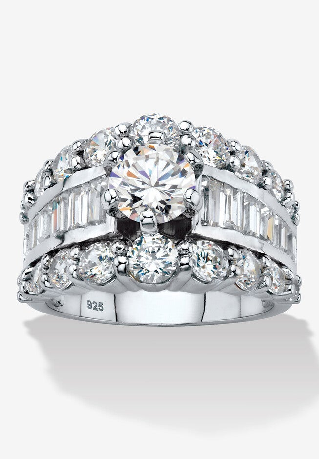 6.40 Cttw. Round And Baguette Sterling Silver Cubic Zirconia Engagement Ring, WHITE, hi-res image number null