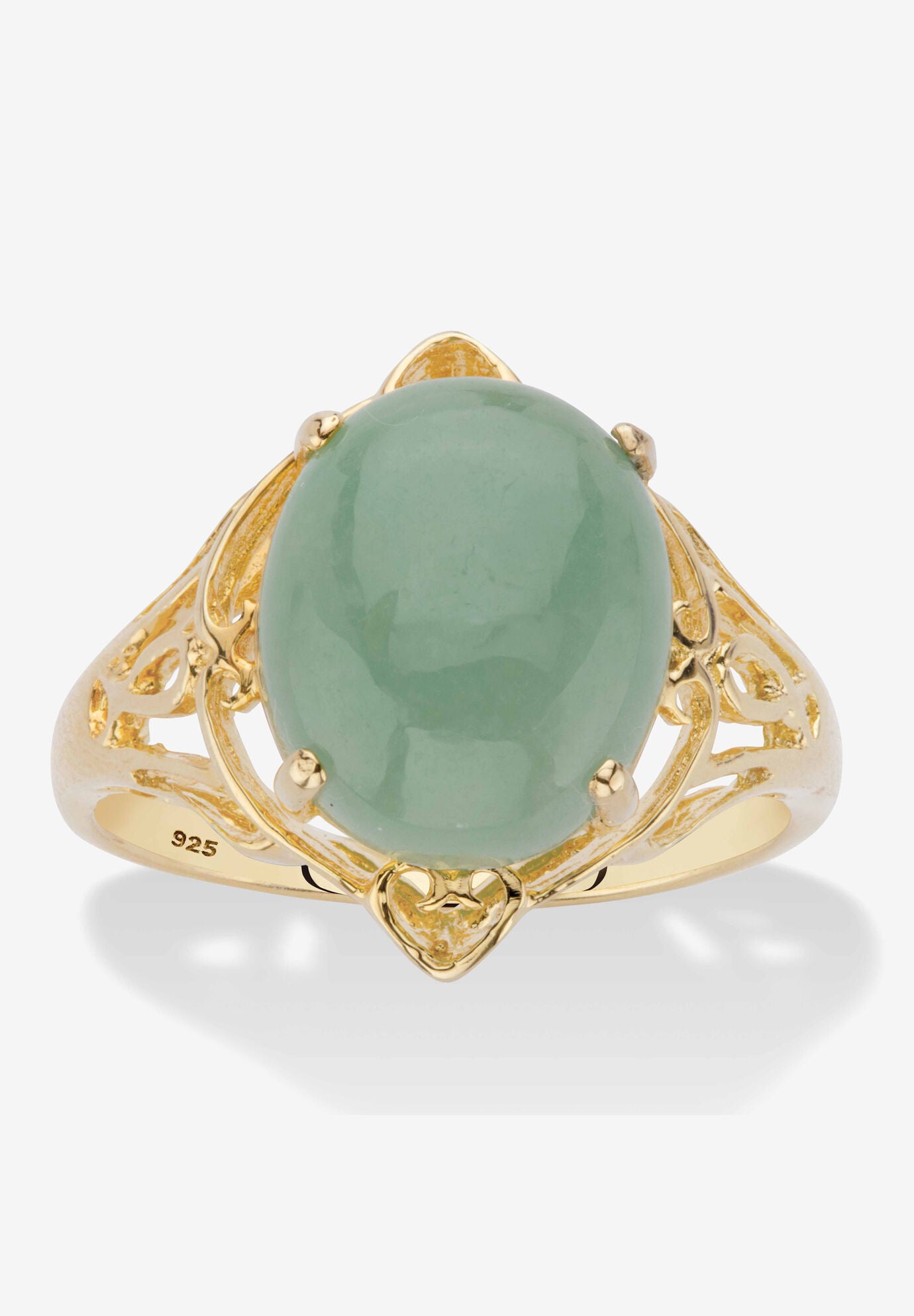 Oval Genuine Green Jade 14K Gold-Plated Sterling Silver Scrolled Cabochon Ring, GREEN, hi-res image number 0