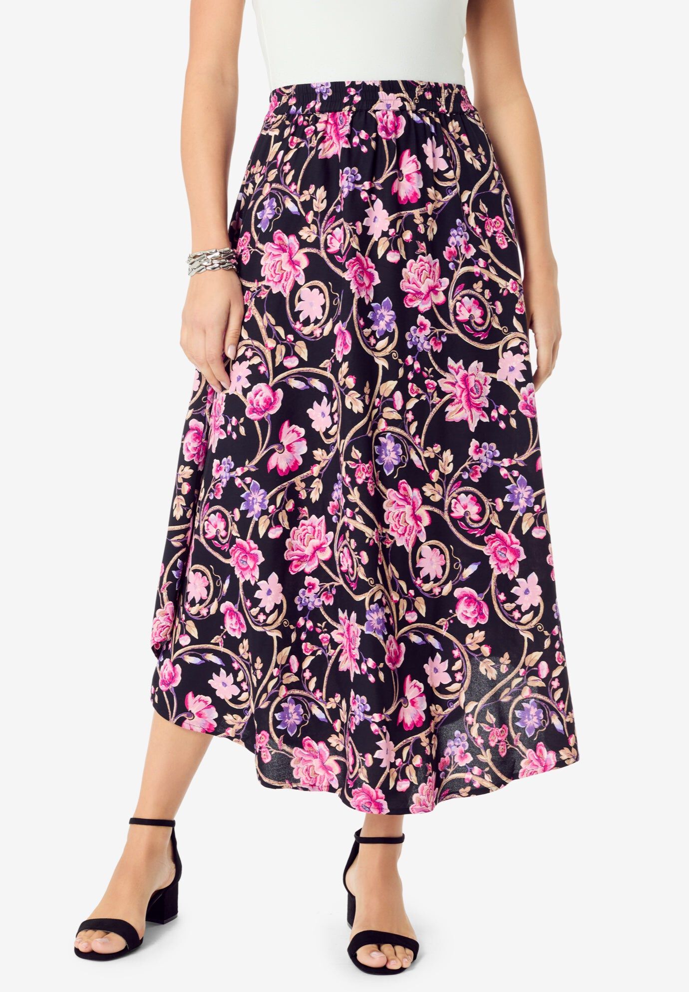 Plus Size Asymmetrical Hem Skirt, BLACK ETERNAL BLOOM, hi-res image number 0