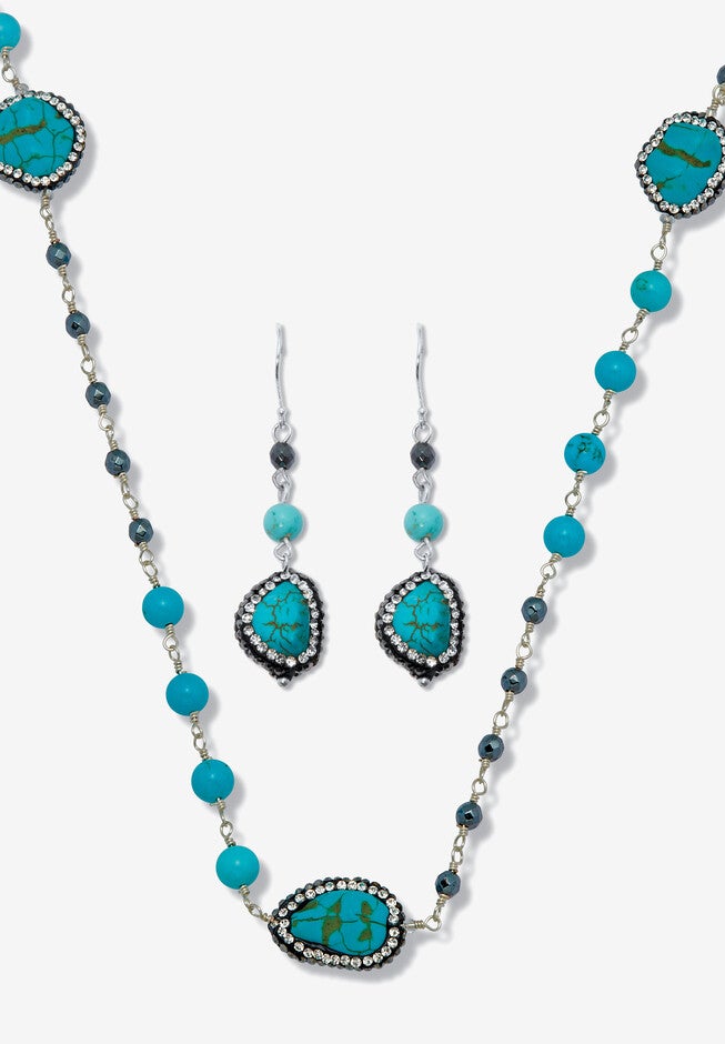Genuine And Simulated Turquoise Silvertone Necklace Set 36-Inch, BLUE, hi-res image number 0