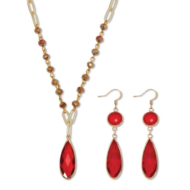 Red Crystal Goldtone Vintage-Inspired Necklace and Earring Set, RED, hi-res image number null