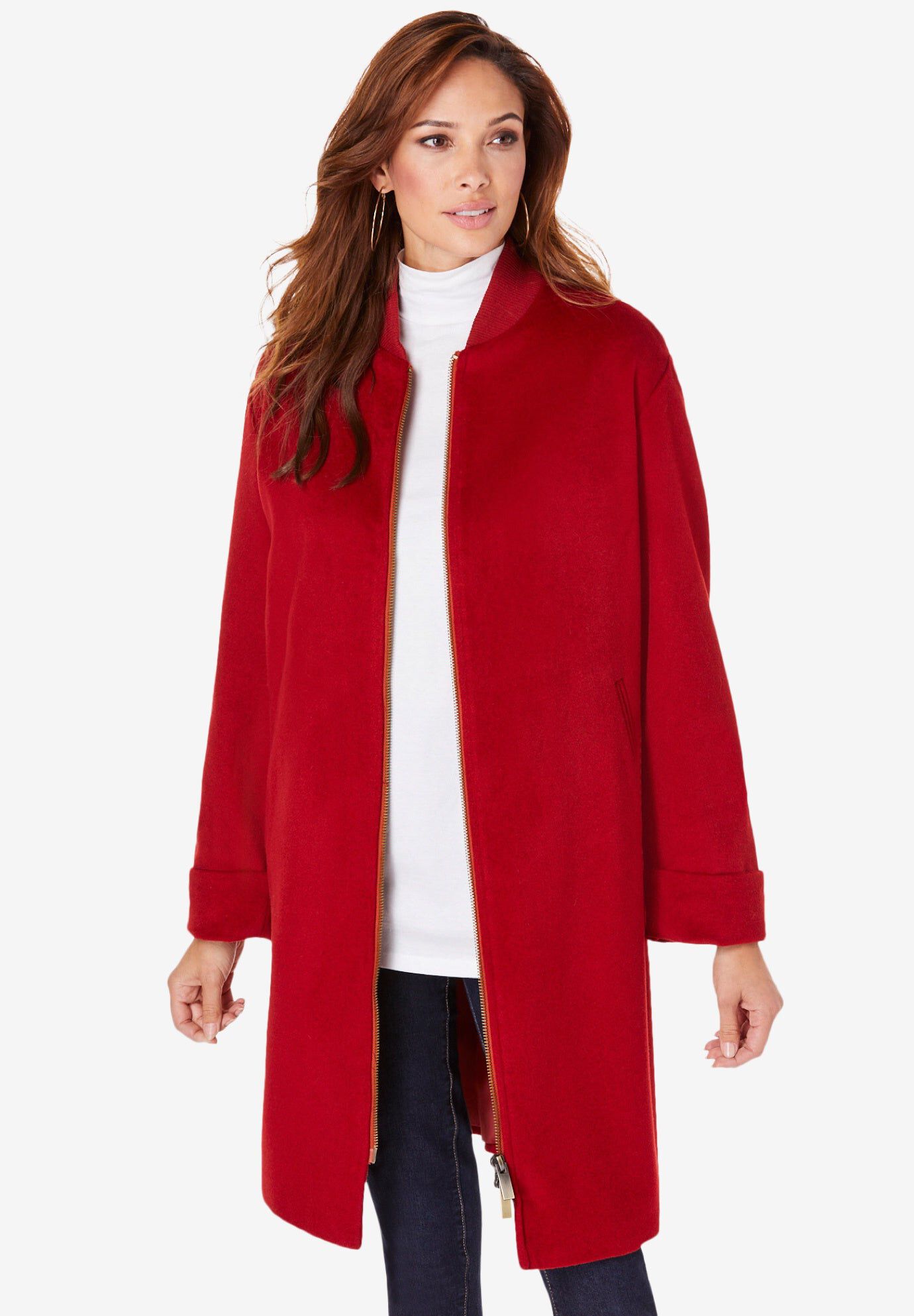 Plus Size Wool Blend Driving Coat, DEEP CRIMSON, hi-res image number 0