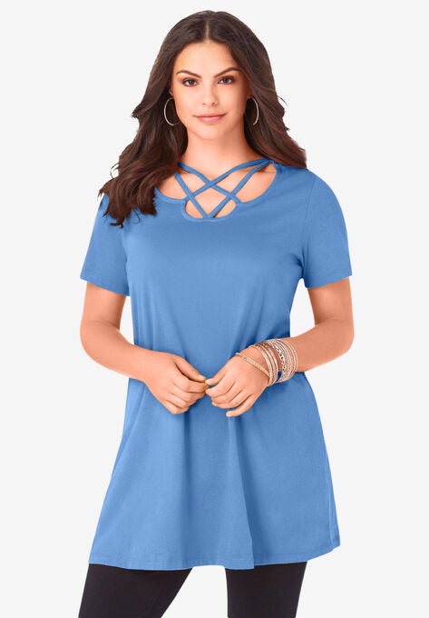 Lattice-Neck Short Sleeve Ultimate Tunic, HORIZON BLUE, hi-res image number null