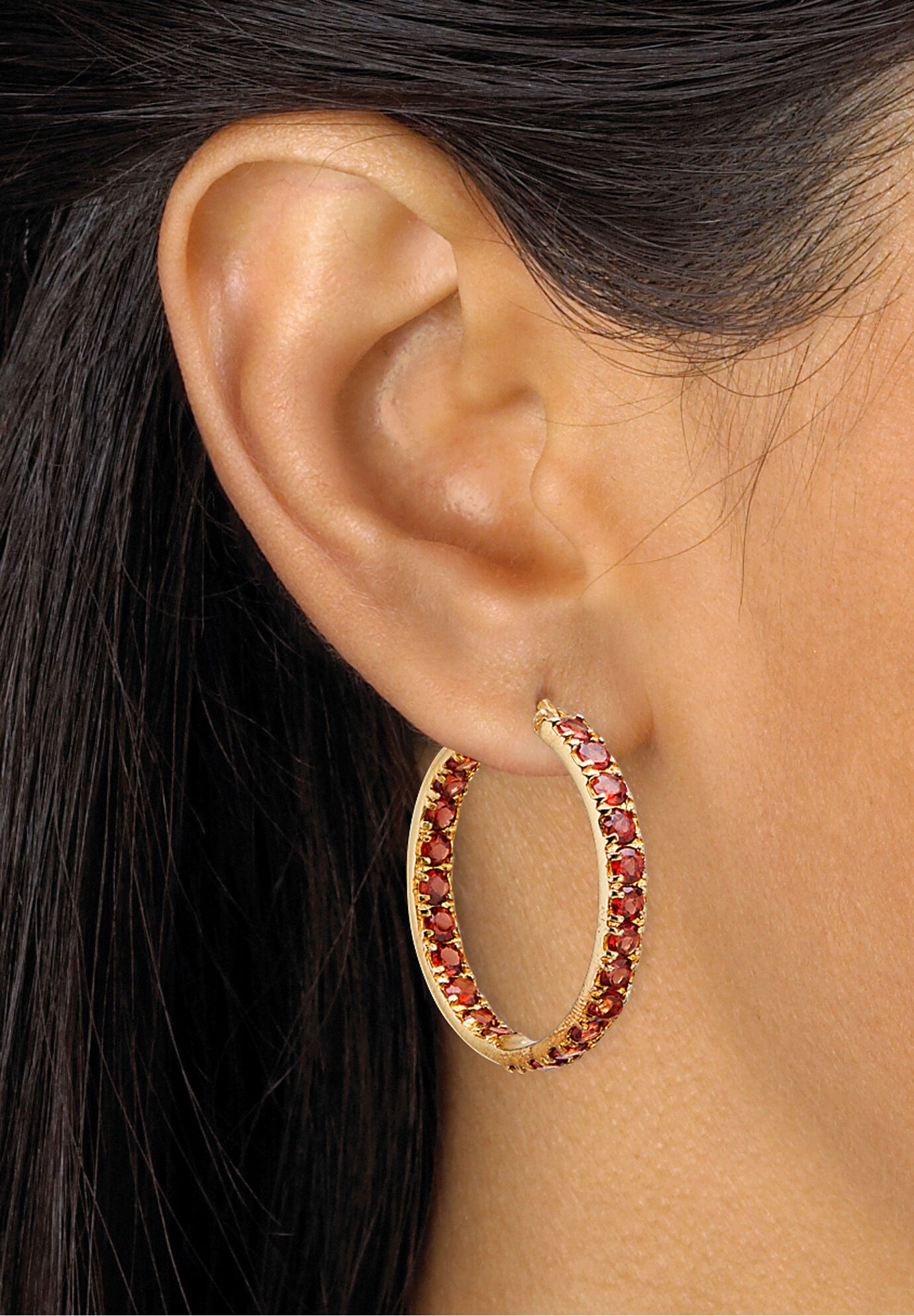Gold Over Sterling Silver Hoop Earrings (30Mm) Garnet (6 1/4 Cttw) Jewelry, , alternate image number 2