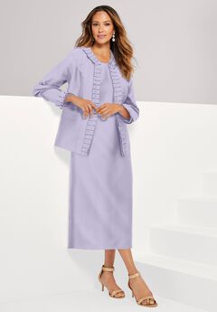 Plus Size Long Sleeve Pleated Jacket Dress Set – Elegant 2-Piece Sheath Suit