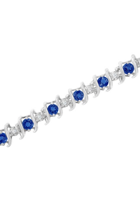 Sterling Silver Gemstone & Round Diamond Tennis Bracelet Blue Sapphire September Birthstone, , alternate image number null