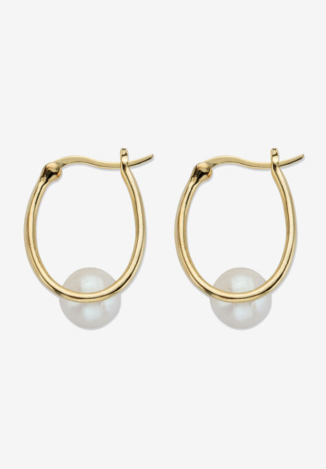 Yellow Gold Plated Sterling Silver Genuine Pearl Split Hoop Earrings, , on-hover image number null