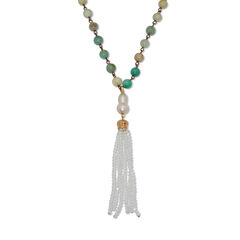 Genuine Green Amazonite Goldtone Beaded Tassel Necklace 34-inch