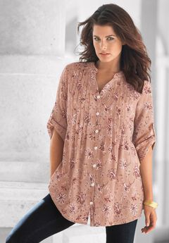 Plus Size Floral Y-Neck Pintuck Tunic – Adjustable Long Sleeve Button-Front, Relaxed Shirt Style