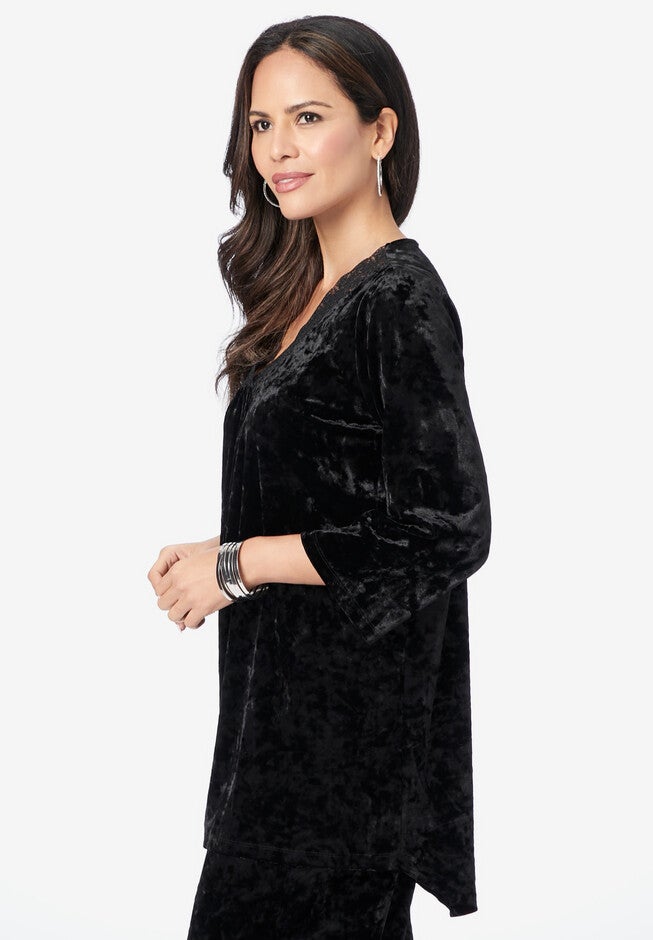 Lace-Trimmed High-Low Velour Top, , alternate image number null