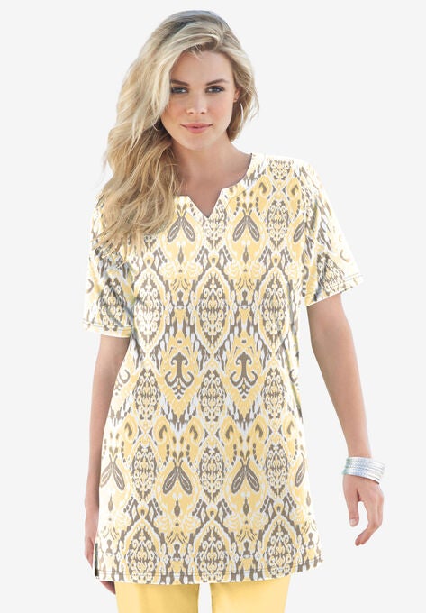 Print Notch-Neck Soft Knit Tunic, BANANA BOLD IKAT, hi-res image number null