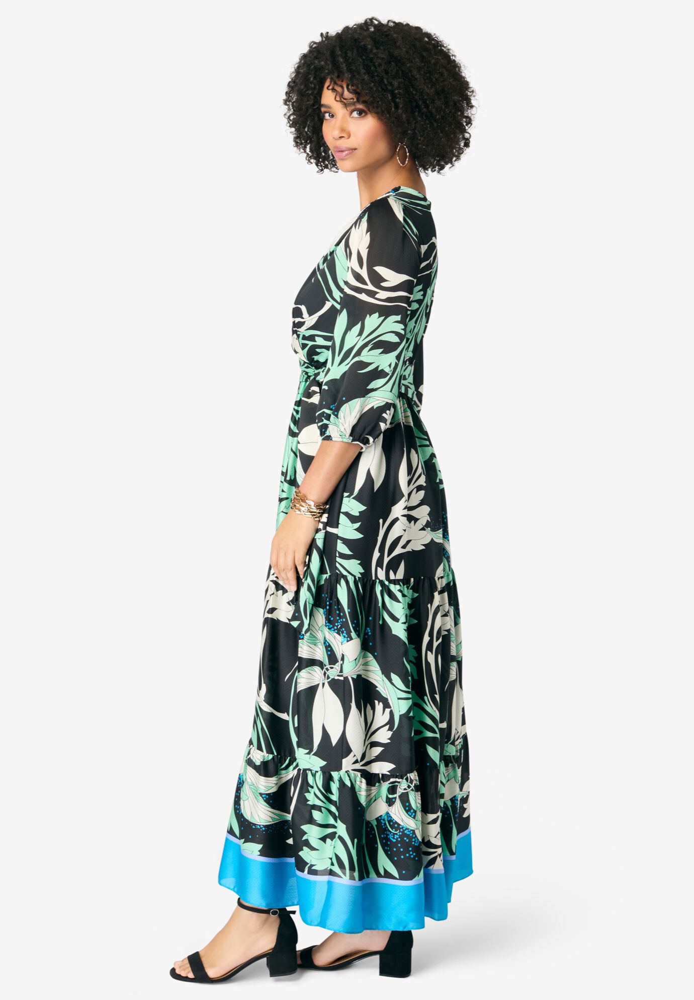 Blouson Sleeve Faux Wrap Maxi Dress, , alternate image number 4