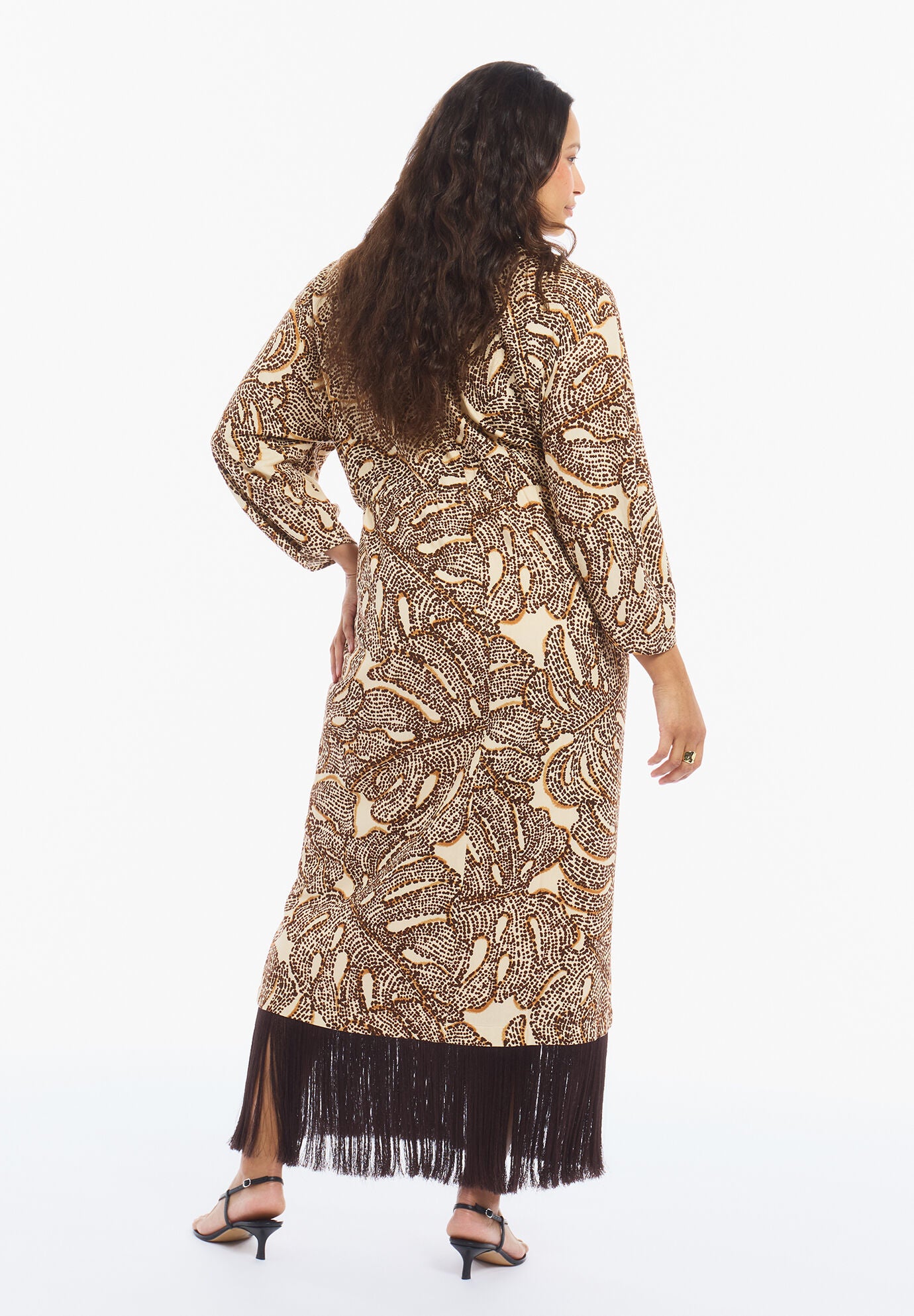 Fringe-Trim Surplice Maxi Dress, MONSTERA OASIS, alternate image number 3