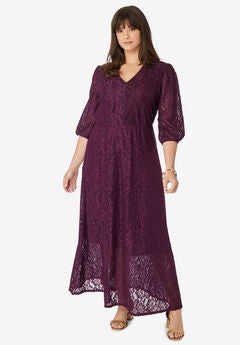 Blouson-Sleeve Lace Maxi Dress