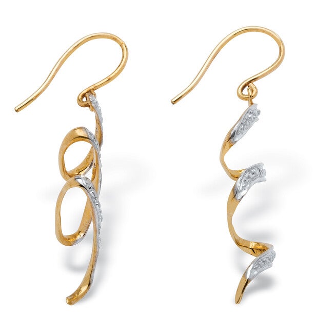 Diamond Accent 10k Yellow Gold 1 inches Ribbon Drop Earrings, WHITE, on-hover image number 1