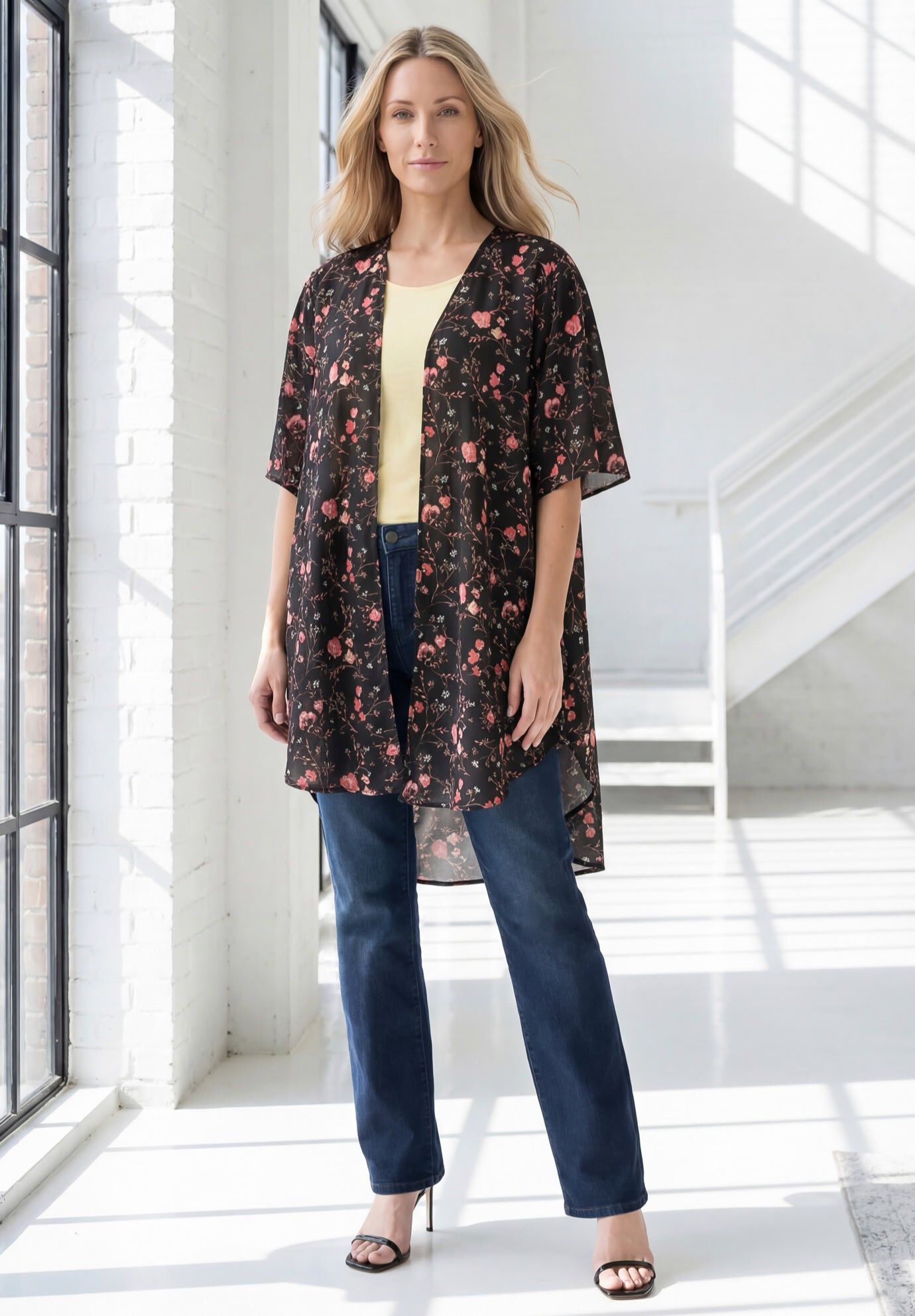 Plus Size Georgette Open-Front Flare Sleeve Kimono
