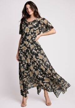 Plus Size Floral Sequin Flutter-Sleeve Gown – Handkerchief-Hem Maxi Dress