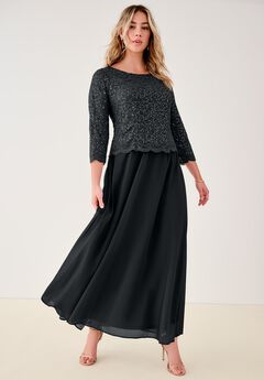 Extended Plus Size Sequin Lace Three Quarter Sleeve A-Line Gown