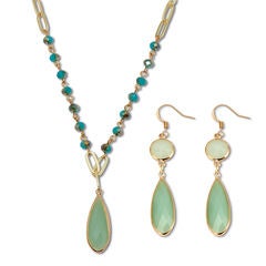 Opaque Green Crystal and Genuine Aventurine Goldtone Jewelry Set
