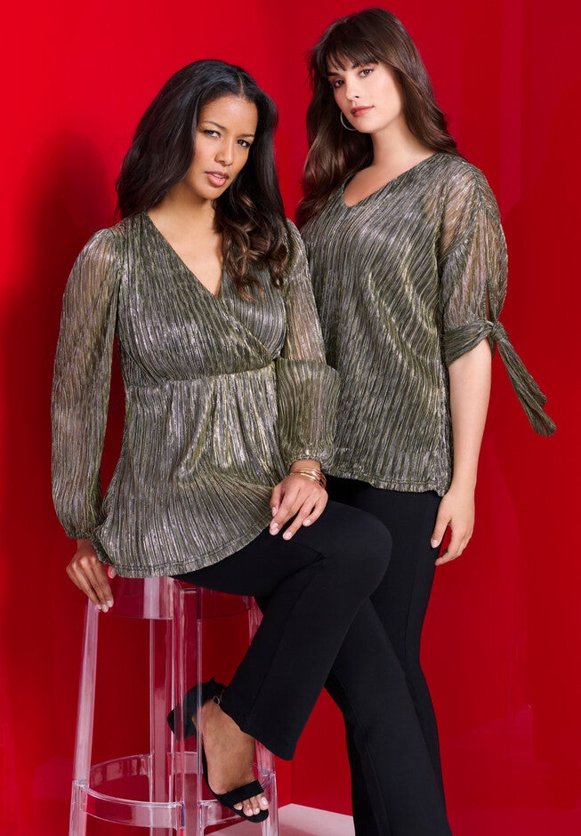 Metallic Plisse Wrap Blouse, , alternate image number null