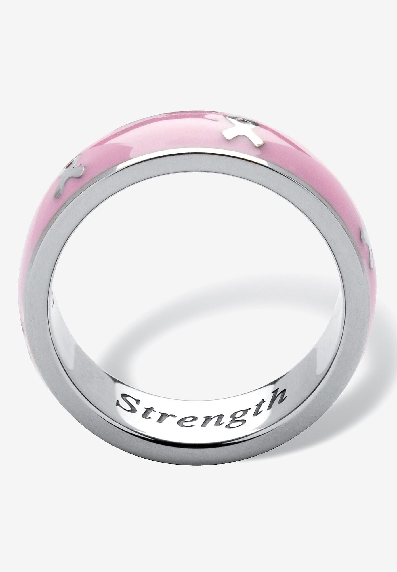 Stainless Steel And Pink Enamel Breast Cancer Awareness Ribbon "Serenity Courage Strength" Inscribed Ring (6.5Mm) Jewelry, , on-hover image number 1