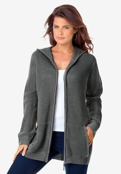 Plus Size Waffle Knit Zip-Front Relaxed Hoodie