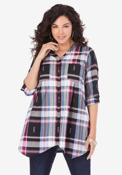Soft Plaid Button-Up Big Shirt, BLACK MEDALLION PLAID, hi-res image number null