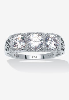 4.50 Tcw Round Cubic Zirconia Platinum-Plated Sterling Silver 3-Stone Ring