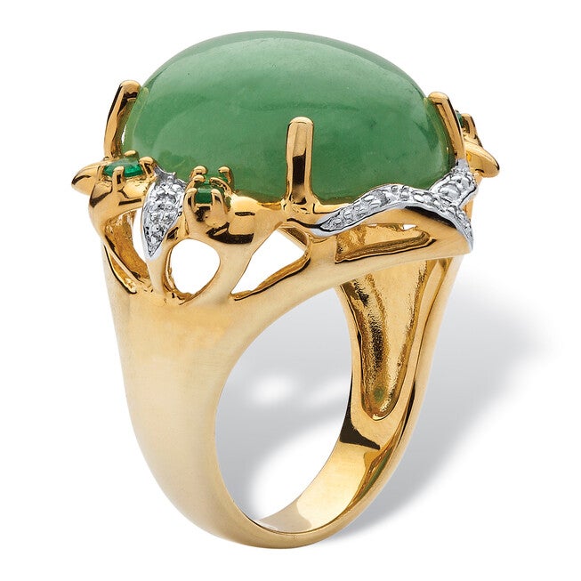 .28 TCW Emerald, CZ and Jade Ring in Gold-Plated .925 Sterling Silver, GREEN, on-hover image number null