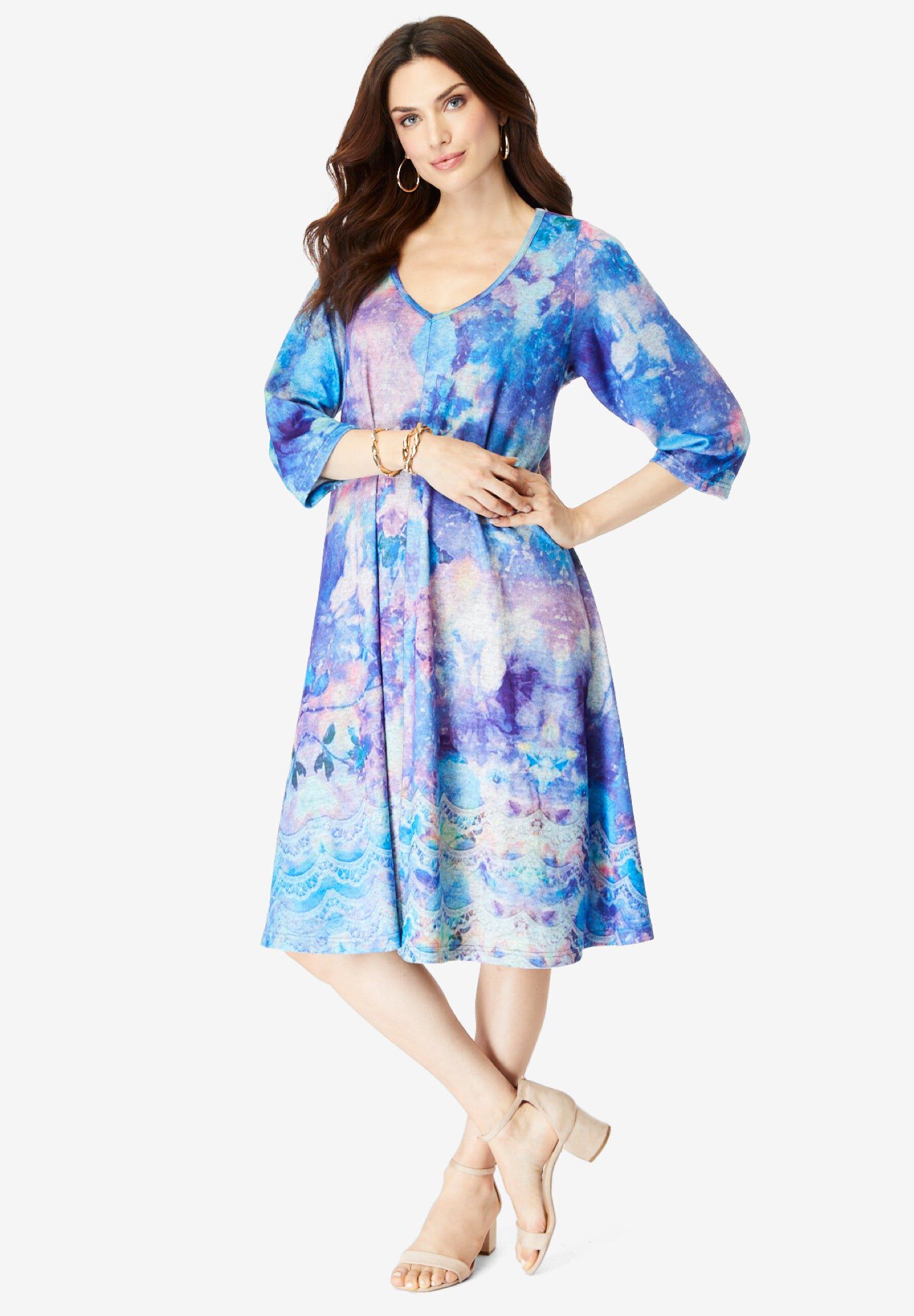 Printed V-Neck Dress, BLUE MULTI FLORAL, hi-res image number 0