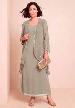 Plus-Size 2 piece Long Sleeve Beaded Georgette Gown Set with Detachable Jacket
