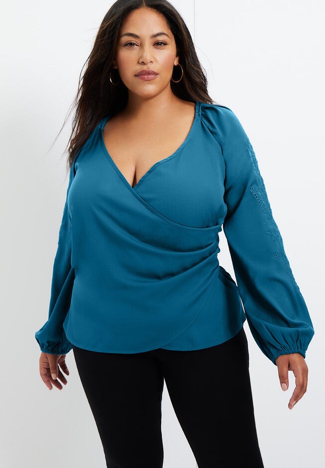 Embroidered V-Neck Wrap Blouse, , alternate image number null