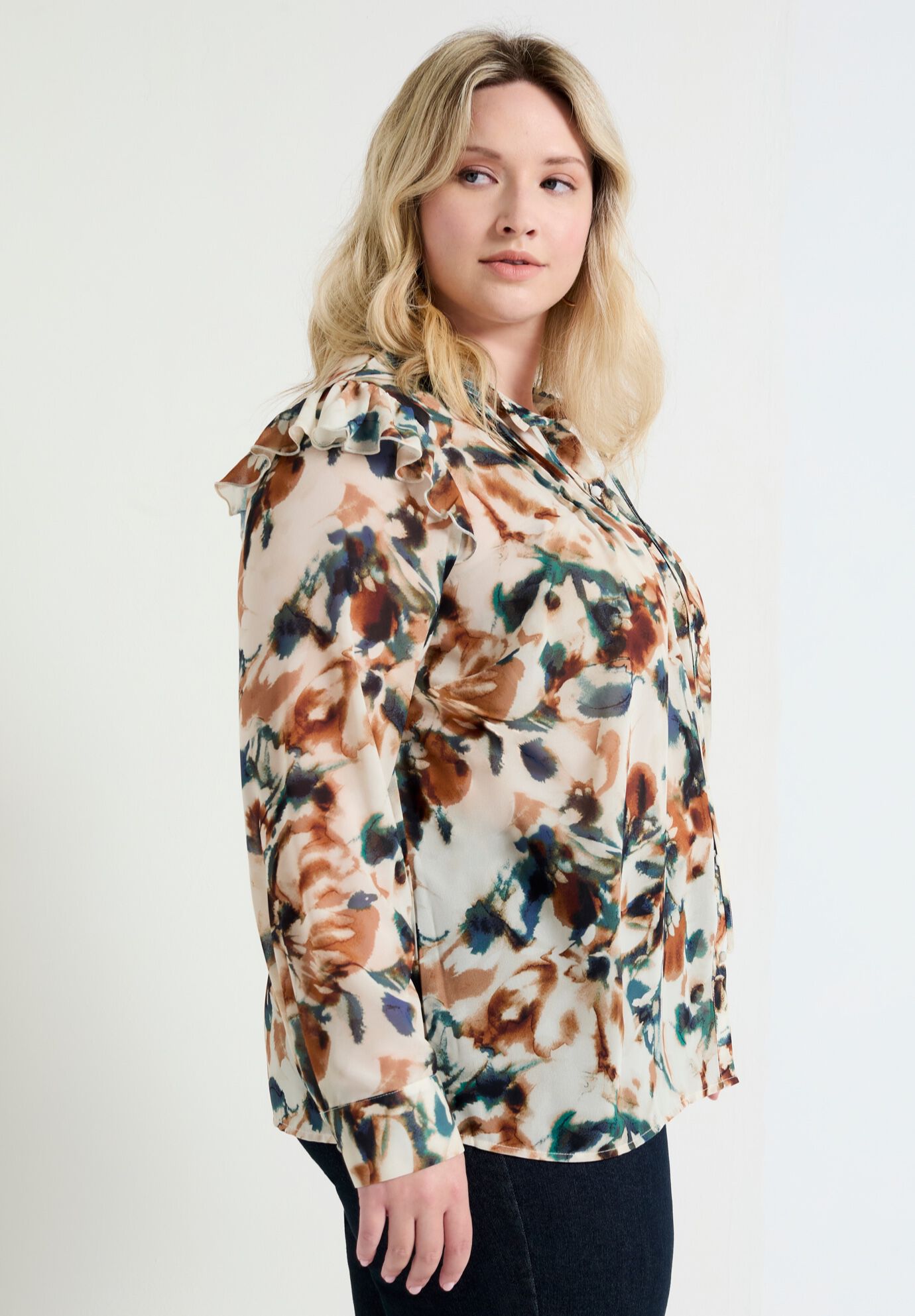 Ruffle Button-Down Blouse, WATERCOLOR FLORAL, alternate image number 2