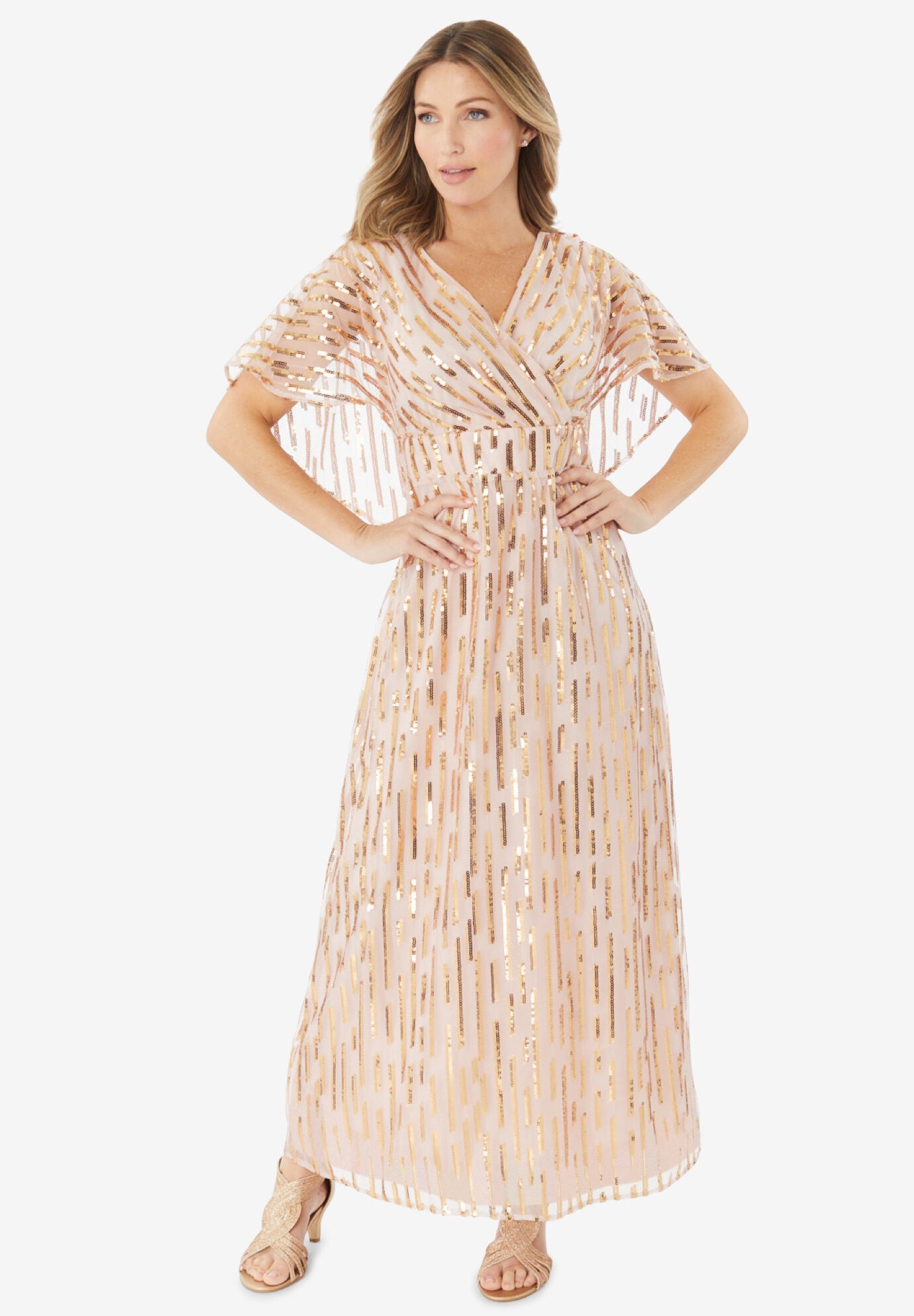 Sequined Capelet Gown, PALE BLUSH, hi-res image number 0