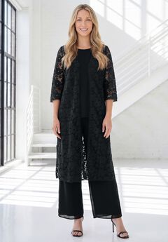 Plus Size 3-Piece Allover Lace Duster Pant Set – Formal Wear