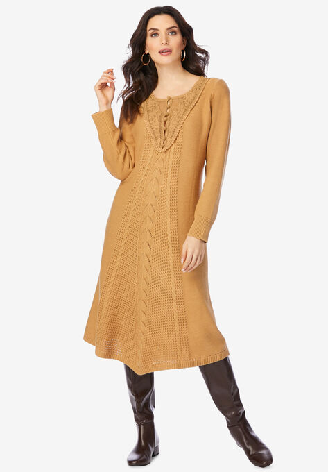 Lace Yoke Sweater Dress, SOFT CAMEL, hi-res image number null