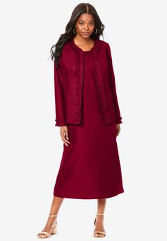 Plus Size Long Sleeve Pleated Jacket Dress Set – Elegant 2-Piece Sheath Suit