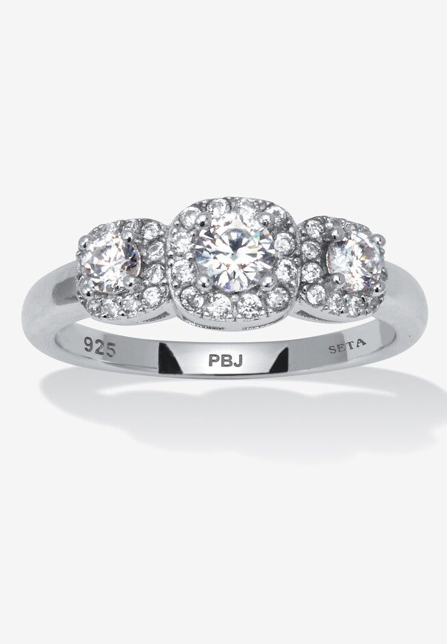 0.69 Tcw Round Cubic Zirconia Sterling Silver 3-Stone Halo Ring, WHITE, hi-res image number 0